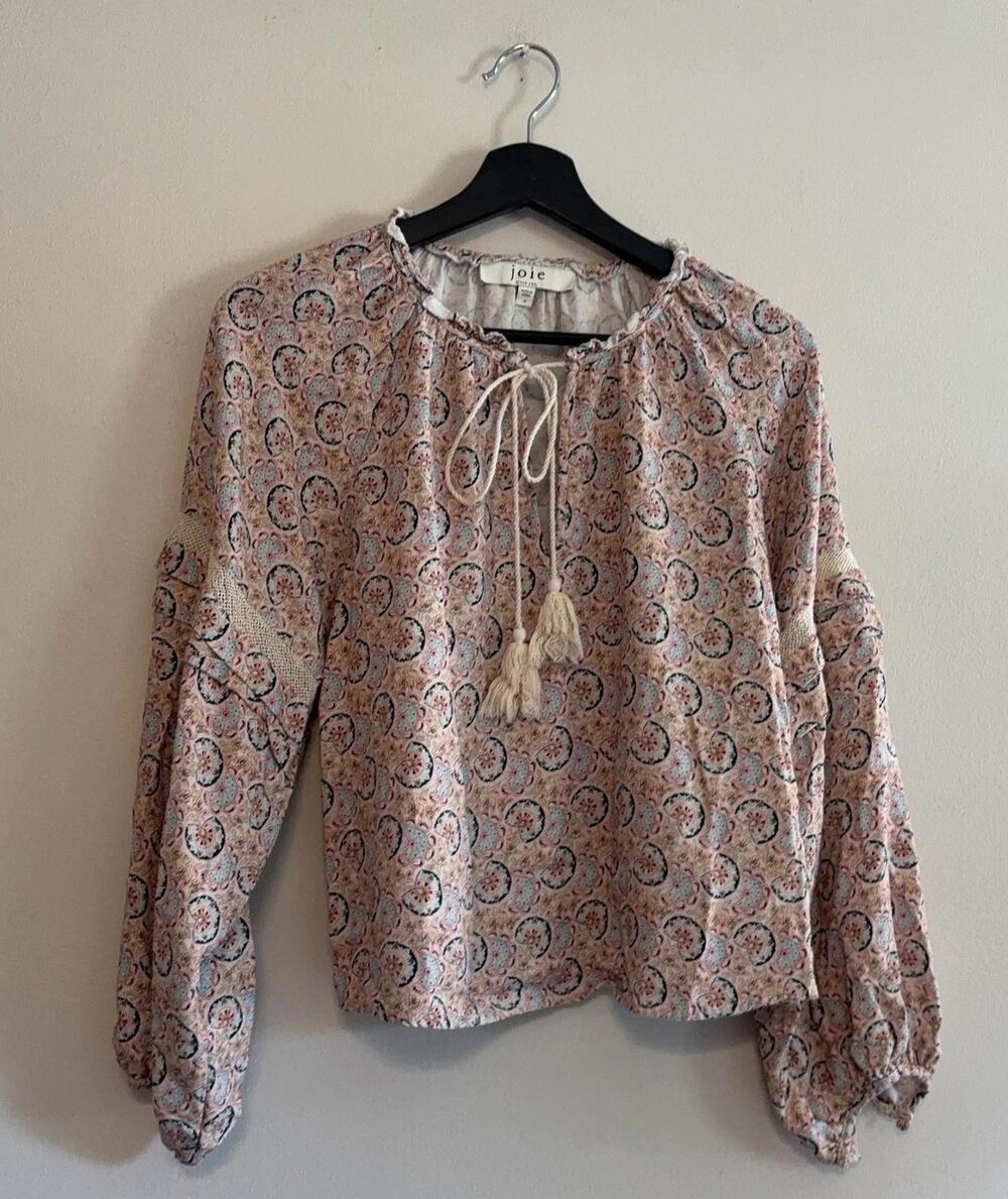 Joie Blouse Womens Medium Multicolor Paisley Tassel Balloon Sleeve Boho Rayon